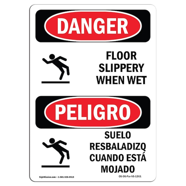 OSHA Sign, Floor Slippery When Wet Bilingual, 18in X 12in Rigid Plastic, 12" W, 18" H, Spanish